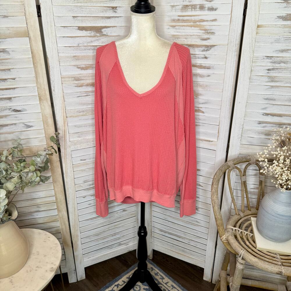 FREE PEOPLE Women's Large Santa Clara Oversized V Neck Thermal Sweater Top Pink - Picture 3 of 14
